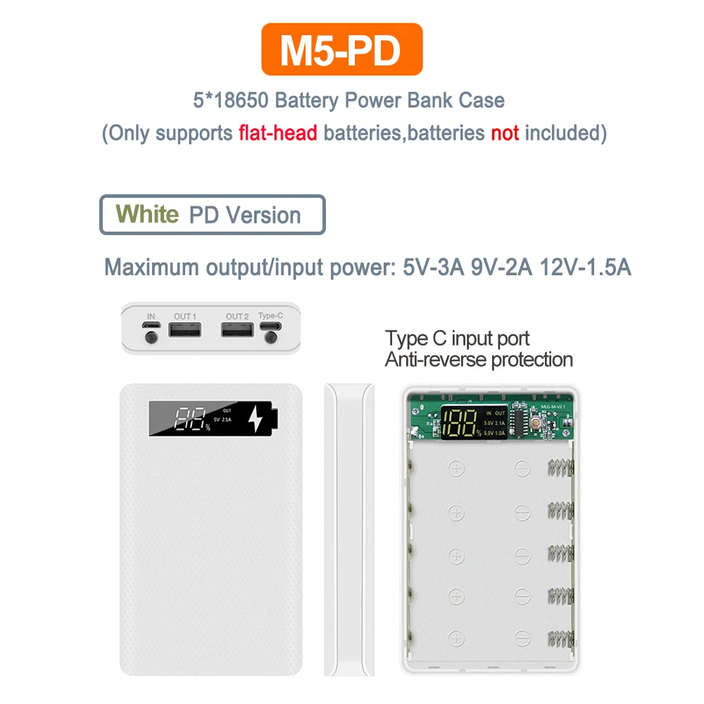 5*18650 bateria Power Bank Case szybkie ładowanie USB typu C DIY Shell odpinana przenośna konstrukcja bateria z płaską głowicą