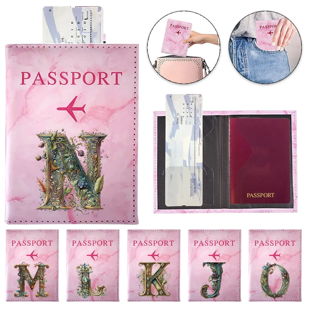 Airplane Passport Cover Graphic Letter Series Travel Passport Case Pink Color Passport Wallet Purse Passports Holder