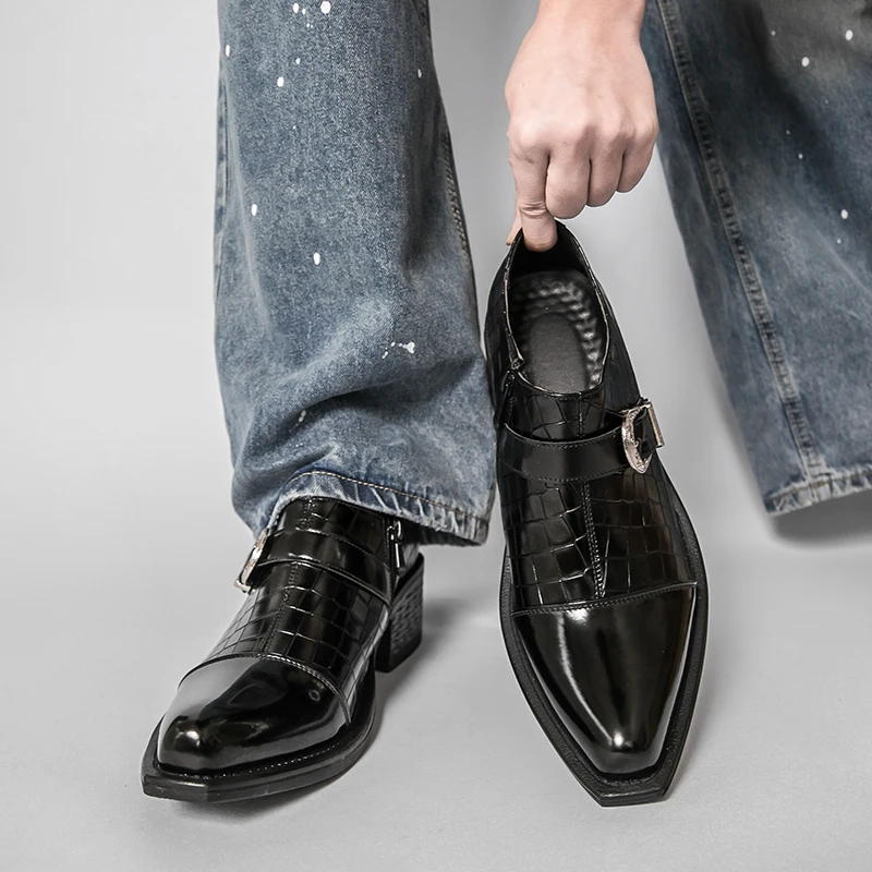 Korean Version Height Increasing Leather Shoes Classic Black Men's Pointed Side Zipper Comfortable Banquet Block Leather Shoes
