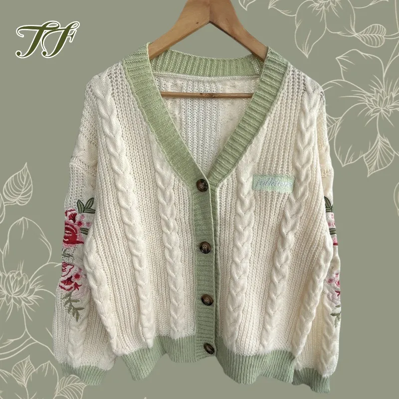 3XL Folklore Cardigan with Flower Embroidery Women Oversized Knitted Cardigans Female Fashion Loose Fit Letter Patch Sweater Top