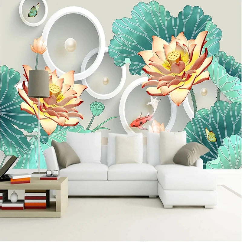 Custom Mural Wallpaper Modern Embossed Lotus Goldfish Home Decor 3D Stereo TV Background Wall Covering Rome Papel De Parede