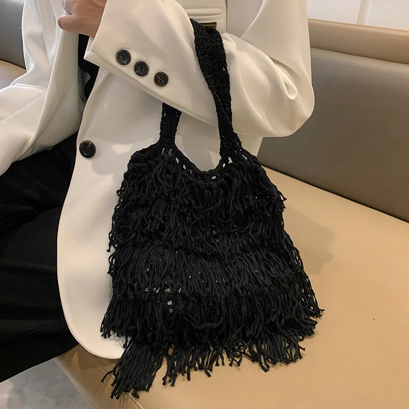 Luxury Design Woven Women Shoulder Bag Large Capacity Knitted Handbags For Ladies Girls Summer Tassel Casual Travel Shopper Tote