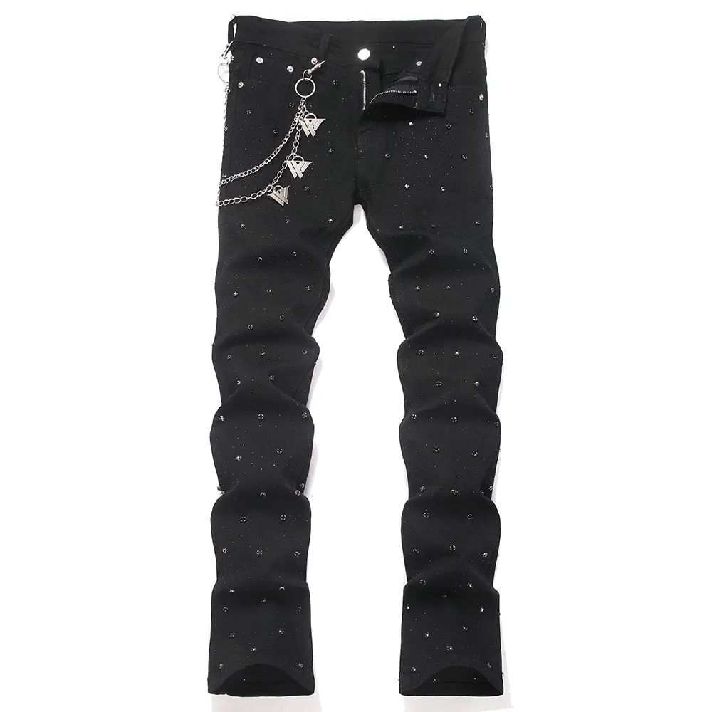 

Men's Crystal Flared Denim Jeans with Chain Plus Large Size Slim Boot Cut Stretch Pants Punk Cotton Trousers Black Size 44
