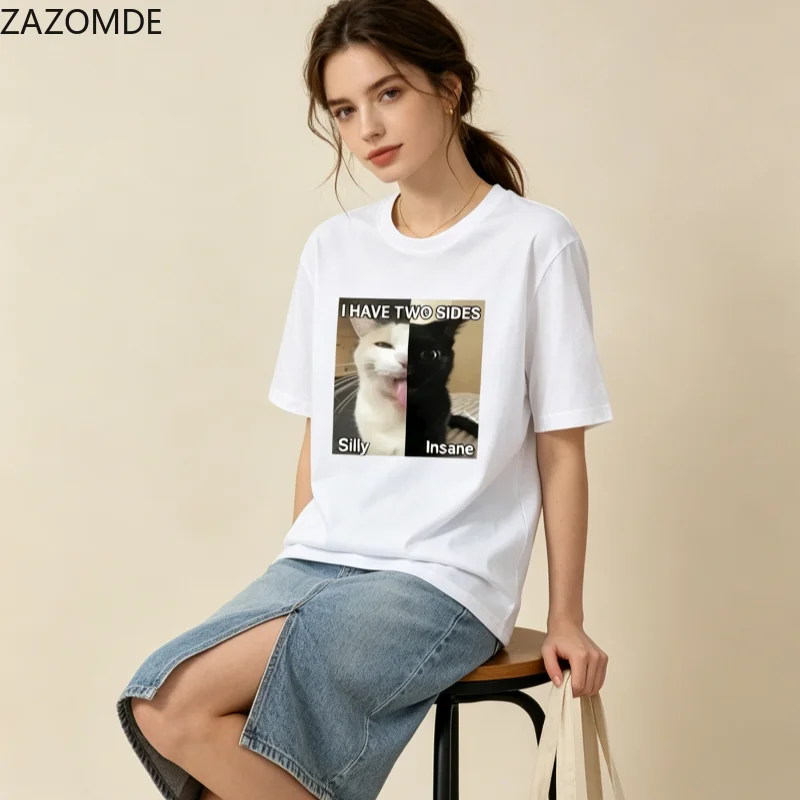 ZAZOMDE Oversized Loose Fit T Shirt Viral Split Cat Meme Graphic I Have Two Sides Slogan Print Summer Casual O Neck Unisex Tees