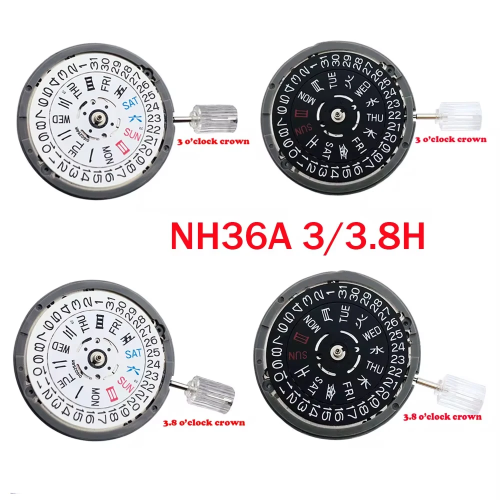 Movimiento Original NH36A para SKX Watch Mod, piezas de repuesto, calendario de doble Semana, Kit de herramientas de reparación de rueda de datos negra, 3H/3,8 H