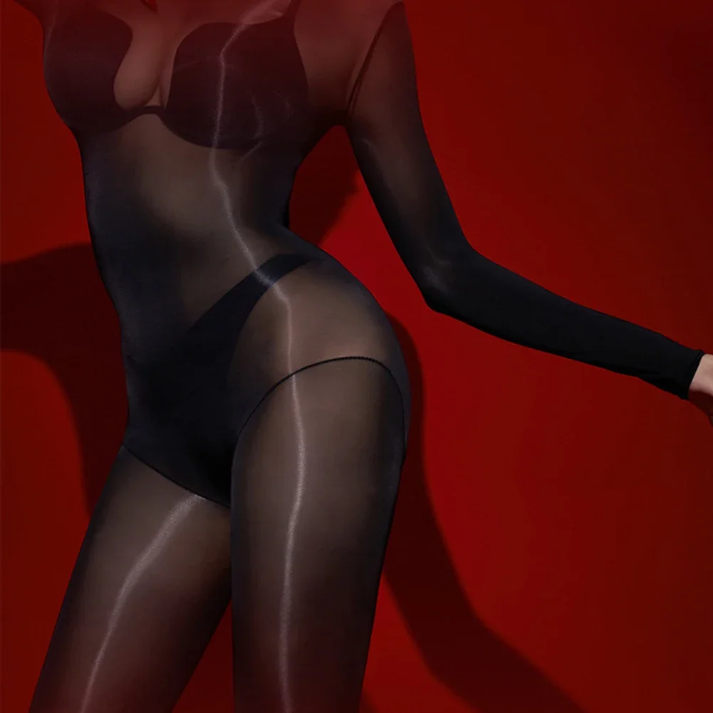 Sexy Women Oil Shiny Full Bodysuit Body Stockings Sheer See Through Tight Leotard Female Elastic Breathable Underwear