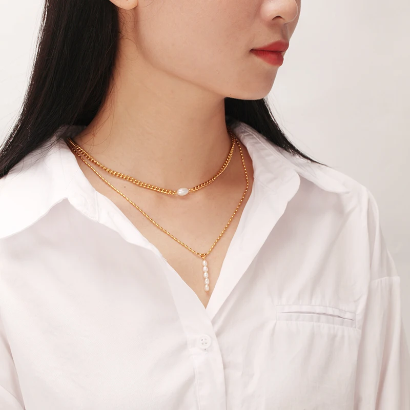 Simple Double Layers Chain Necklace Fashion Natural Pearl Jewelry  Waterproof Gold Color Necklaces Collier Femme