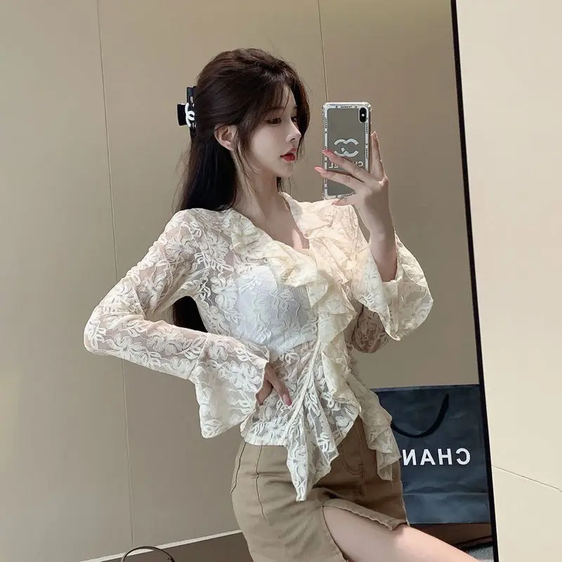 Hollow Out Shirts and Blouses Korea Petal Sleeve Fashion Woman Blouse 2024 Ruffles Long Sleeve Tops Slim Elegant Clothes 2024