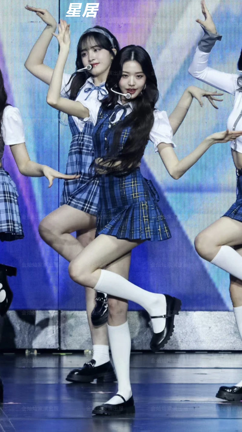 Kpop Korean Singer Concert Jazz Dance Sexy Plaid Vest Crop Tops Mini Pleated Skirt Women Rave Outfits Stage Performance Costume