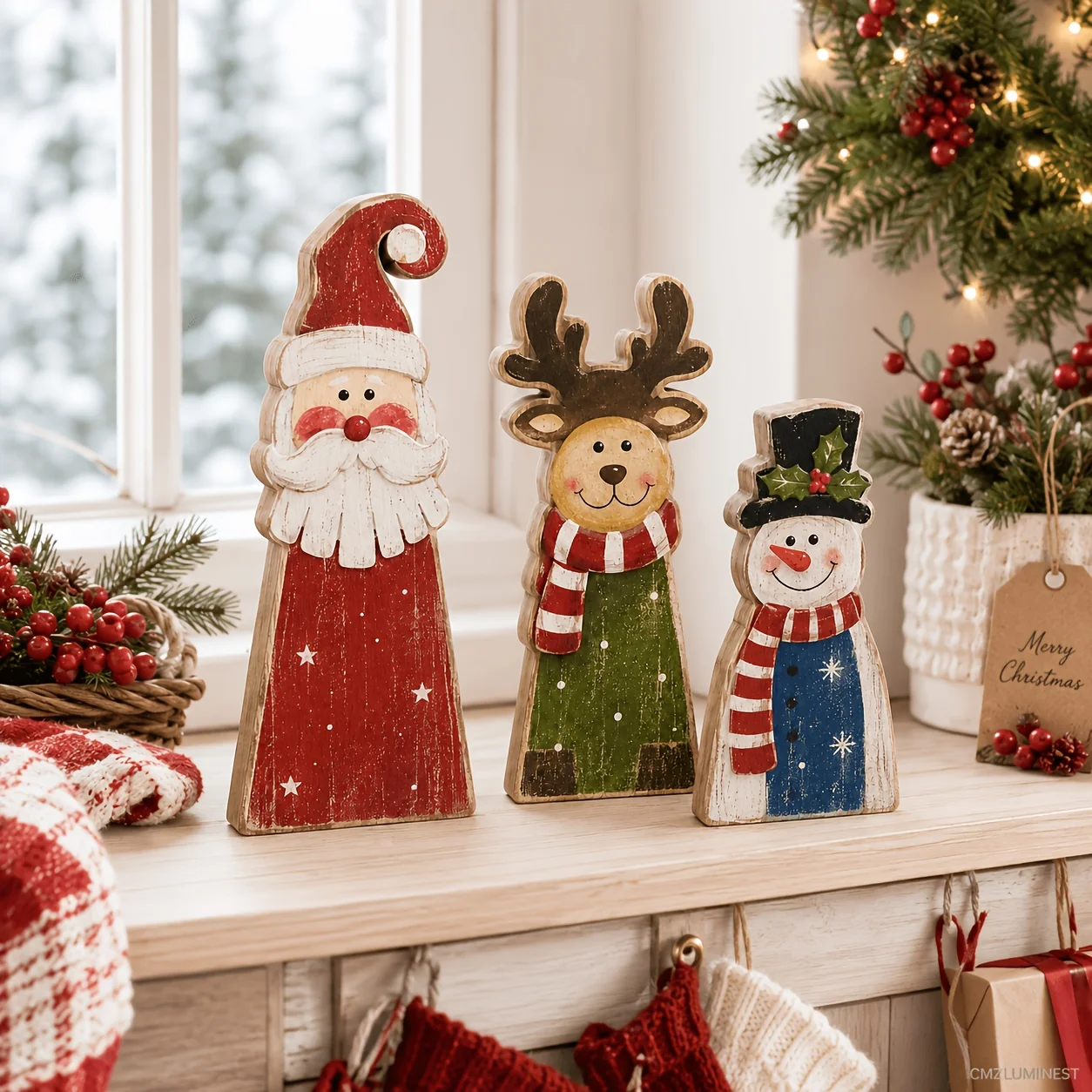 3-Piece Set of Random Styles, Large Size, Thickened Christmas Table Centerpieces, 2D Flat Retro Distressed Wooden Christmas Decorations, Including Santa Claus, Reindeer, and Snowman, Rustic Farmhouse Style Multi-Layer Tray Table Decorations, Suitable for Winter Christmas Parties and Home Table Settings