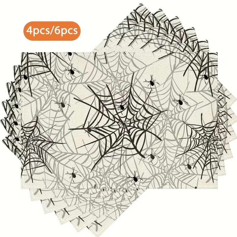 Halloween Spider Web Black Spiders Printed Table Mat Vintage Horror‑Style Decorative Placemat for Dining Table Kitchen Indoor