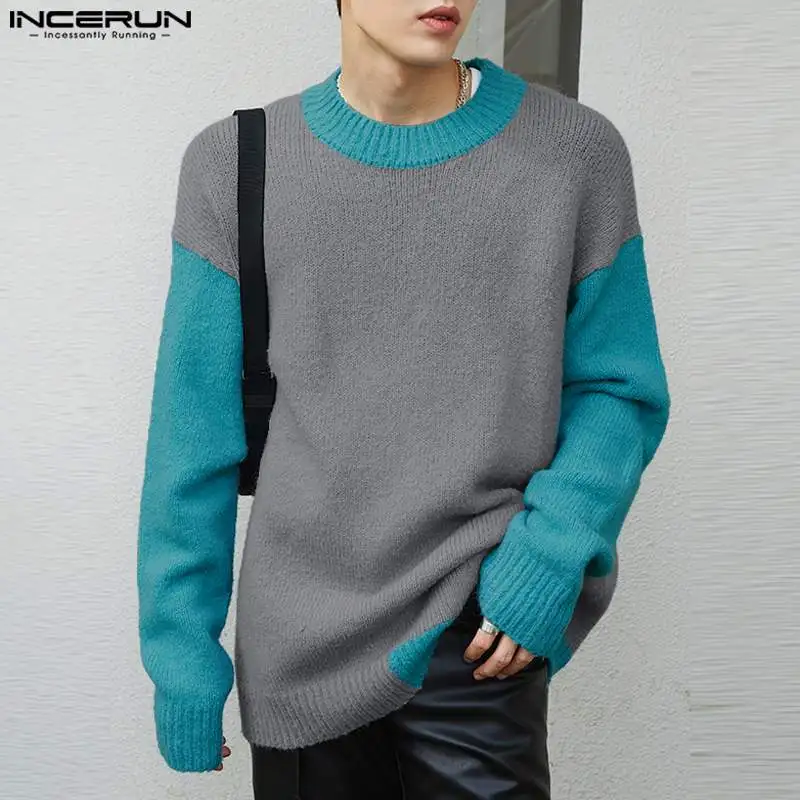 

INCERUN Tops 2024 Korean Style Handsome Men's Contrast O-neck Sweater Fashion Casual Loose Patchwork Long Sleeved Sweater S-5XL