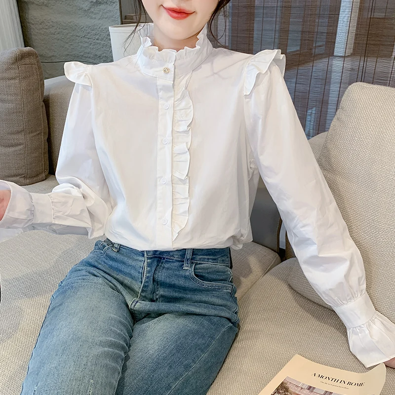 Woman White Loose Shirts Fashion Elegant  Long Sleeve Office Top Female Luxury Edible Tree Fungus Women Blouse Casual Du034