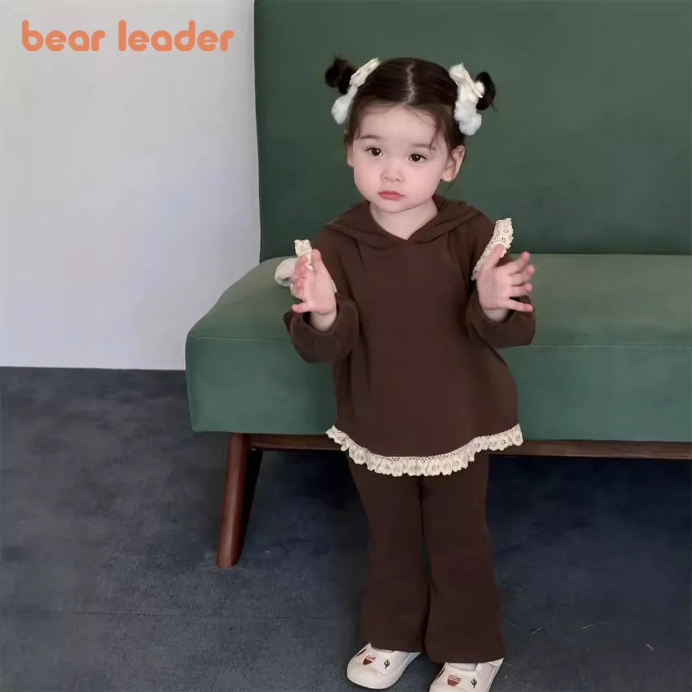 Bear Leader Children's Suit Autumn Maillard Style Girls Clothes Coffee Colored Hooded Lace Patchwork Hoodie + Pants 2-piece Set