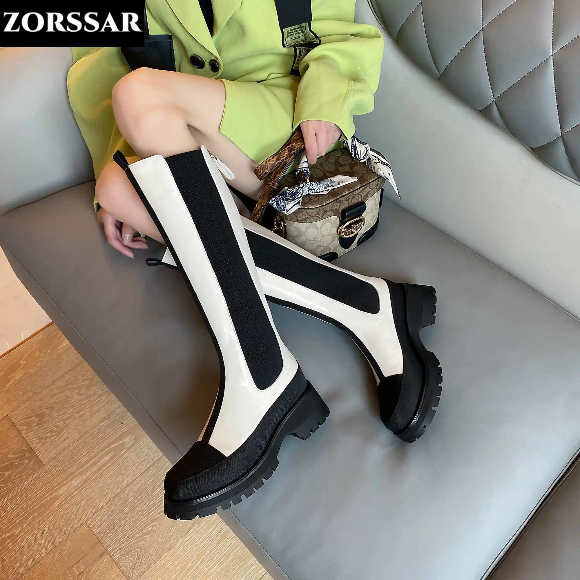 

Women Cow Leather High Heels Long Chelsea Boots Warm Winter Shoes Round Toe Concise Brand Casual Knee-high Boots Tall Boots