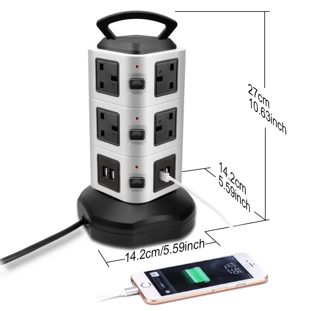 Melery Vertical Power Strip Surge Protector Tower Layer Outlet UK Electric Plug Socket USB Charger 3m Extention Cord Office Home