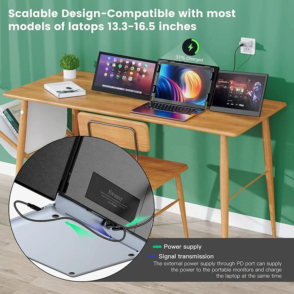 H2 1920 1080 High Resolution Touch Screen Tri-Laptop Screen Extender 12 Inch Triple Portable Monitor for Laptop Screen Extender