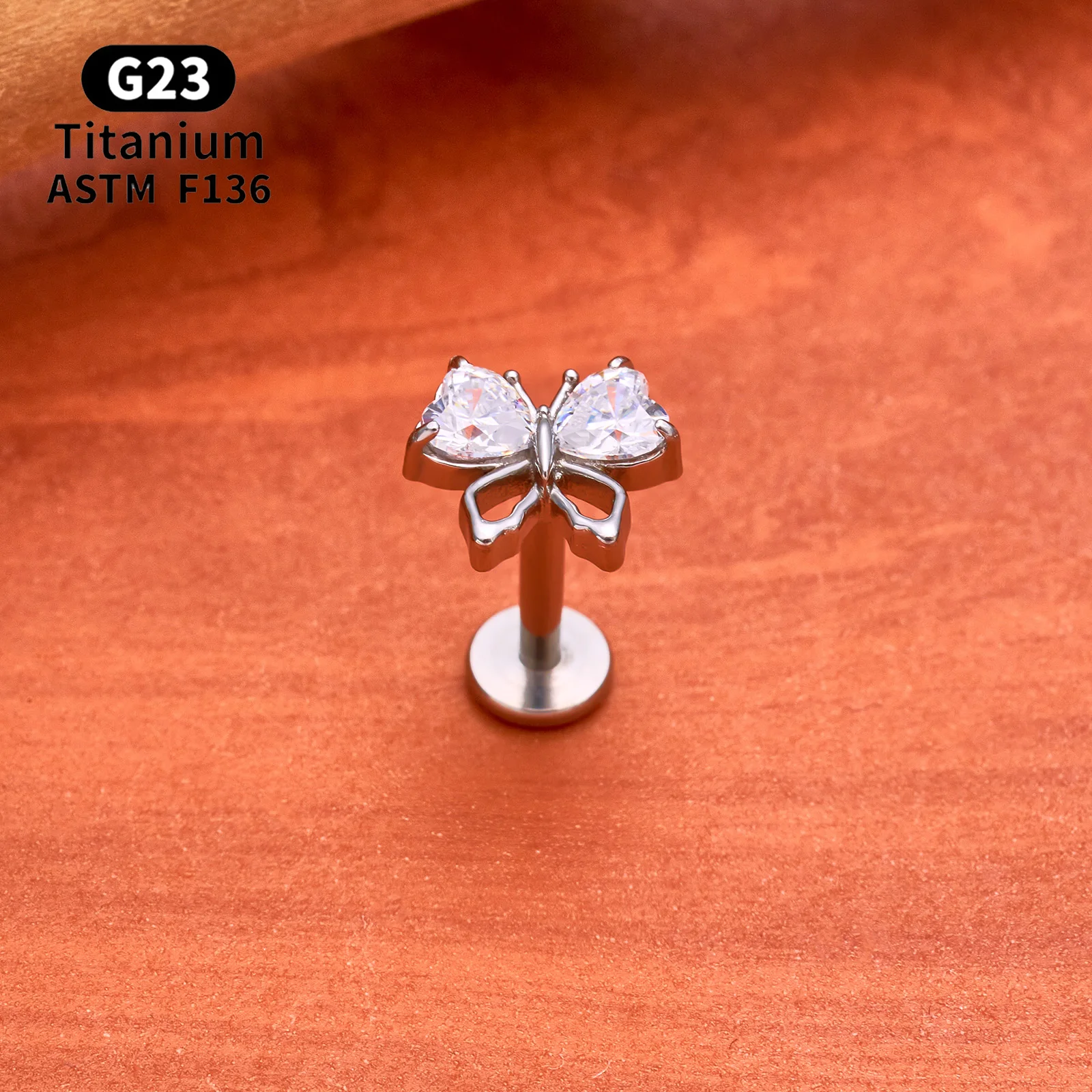 ASTM F136 G23 Titanium Butterfly Labret Stud Internal Thread Piercing Earring Cartilage Tragus Helix Lip Zircon Body Jewelry