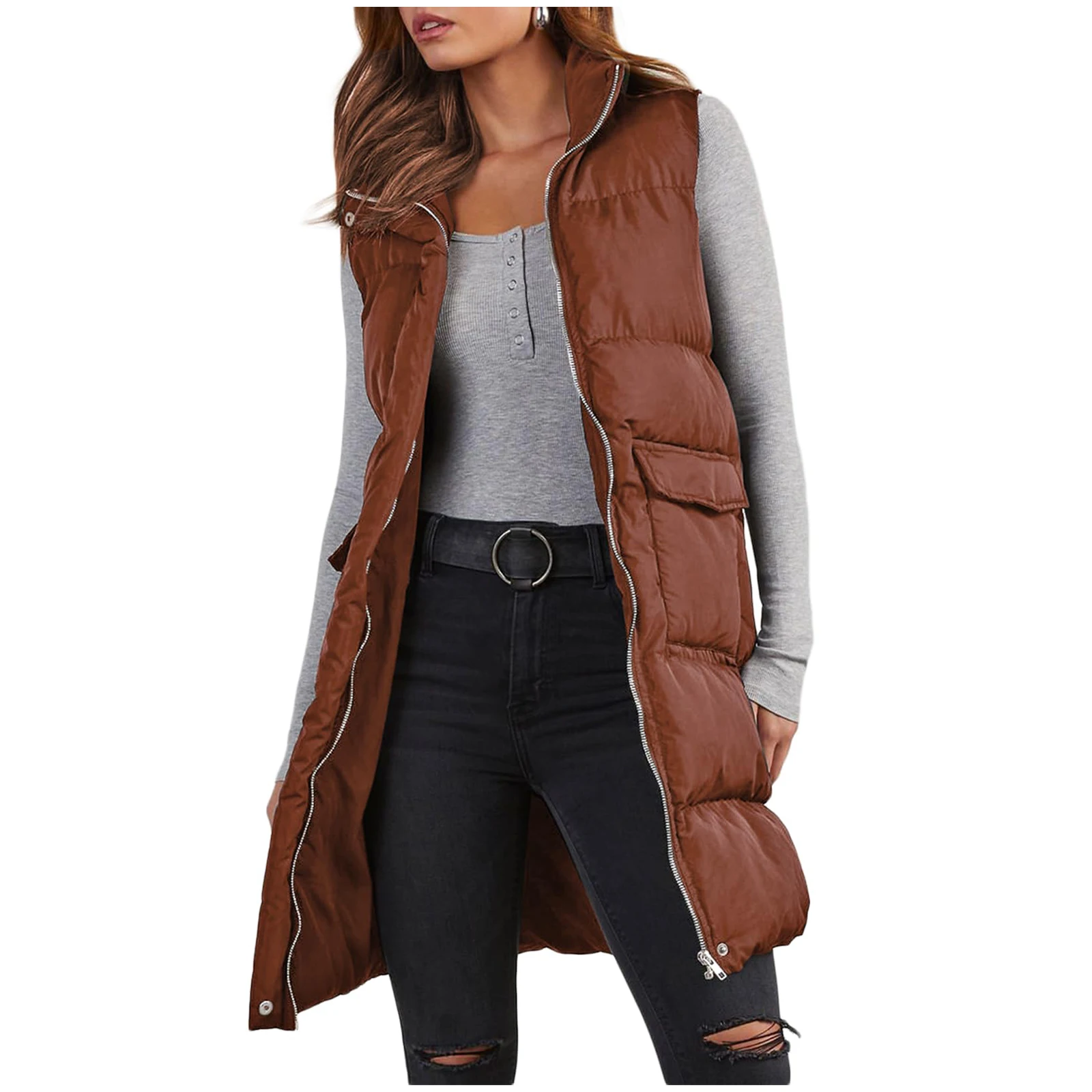 Long with Hood Outdoor Vest Down Women\'s Jacket Quilted Coat Sleeveless Jacket Winter Light Weight Sweaters