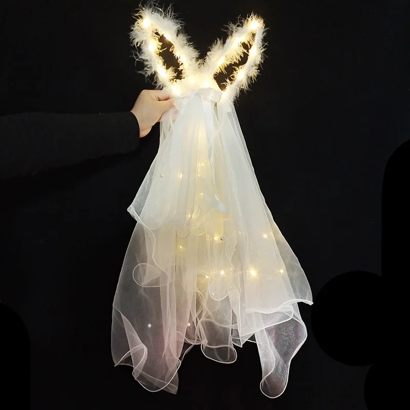 

10pcs Glow Women Girl Feather Mesh Plush Bunny Rabbit Ears Veil Flashing Light Tassel Crown Wreath Wedding Festival