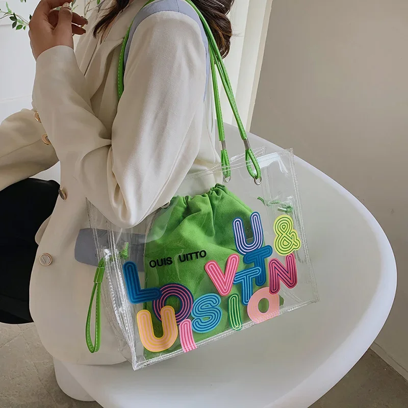 Summer Large-capacity Transparent Shoulder Bag for Women with Stylish Letter Print PVC Women's Bag Handbag