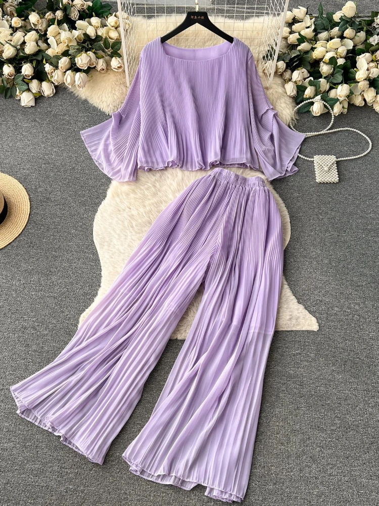 New Women Causal Chiffon Two Piece Set Spring Summer Loose Oversized Shirt Top High Waist Straight Leg Pants Pleated Suits