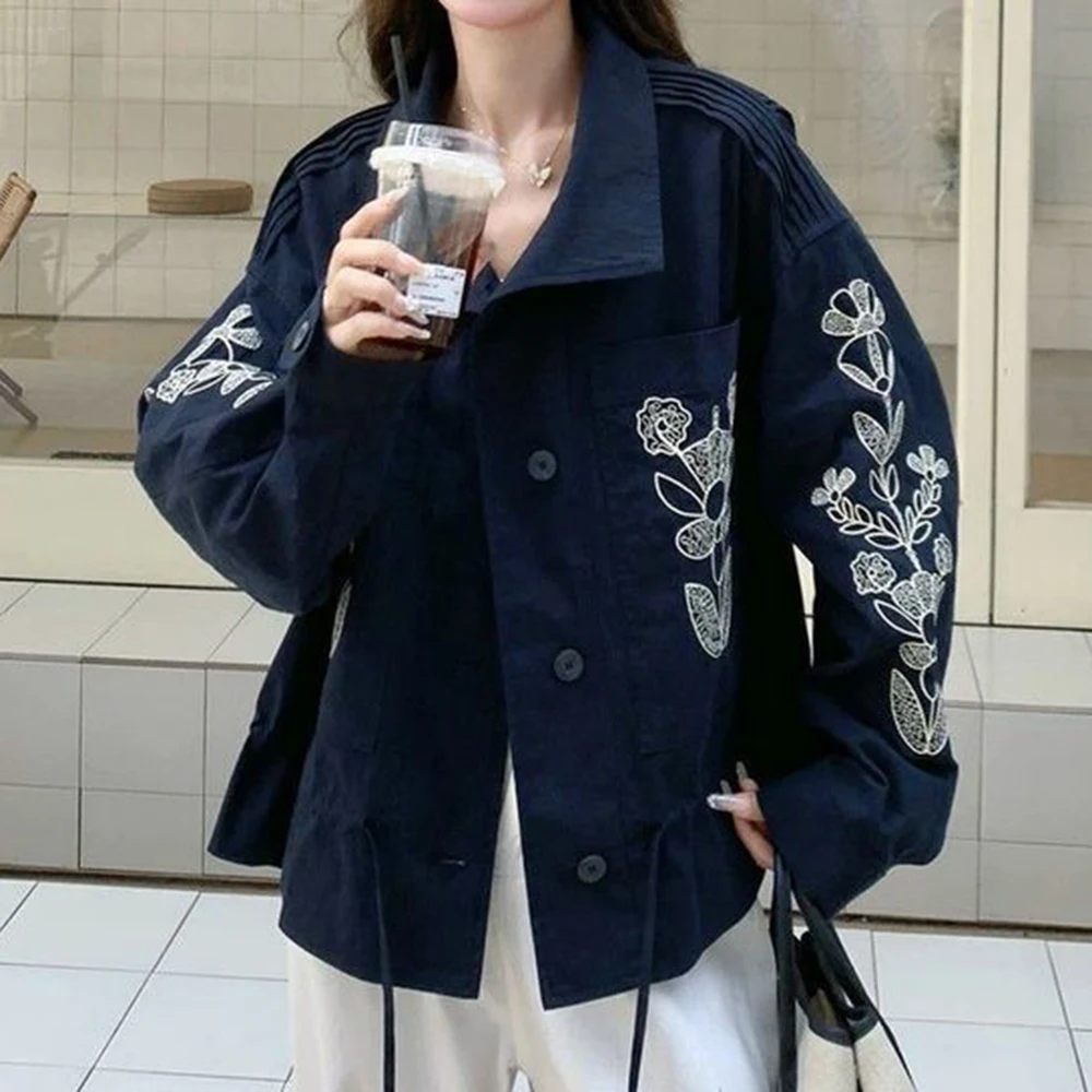 Spring and Autumn Navy Blue  Tooling Jacket Embroidered Jacket New Casual Jacket Top Commuter Premium Outer Wear