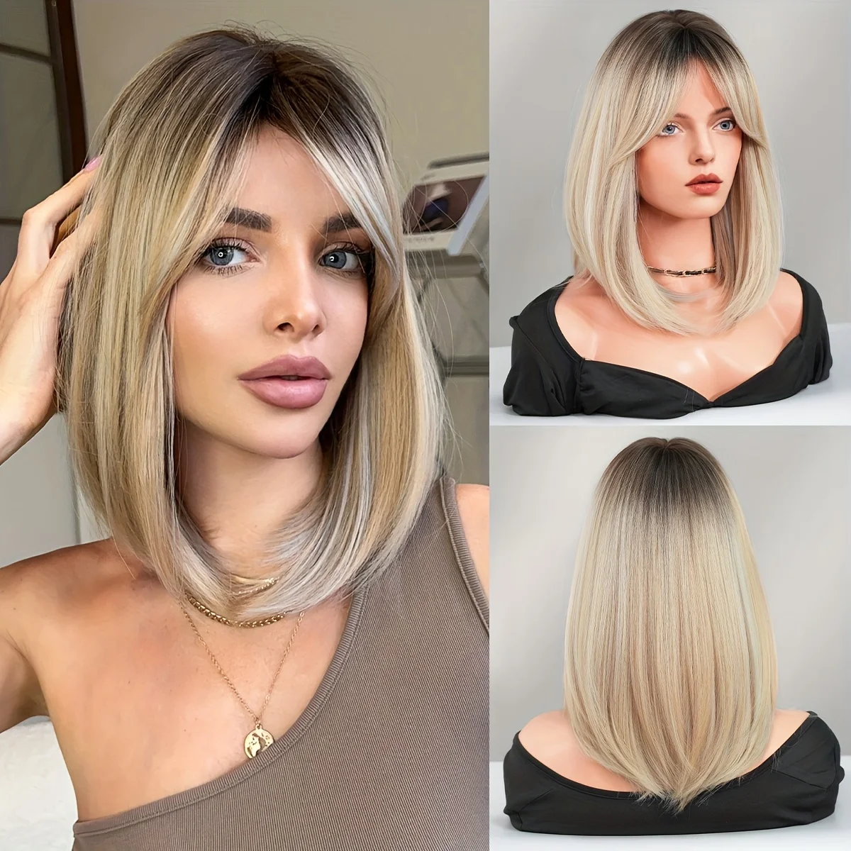 Short straight hair gradual change gray brown wig,side hair gradual change beige wig, heat resistant synthetic wig 16 inches