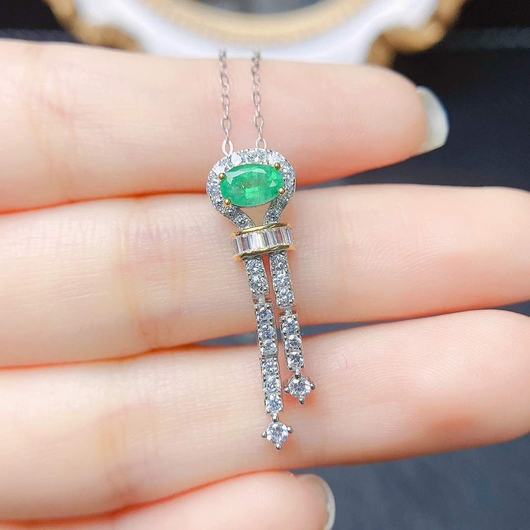 FS S925 Sterling Silver Inlay 4*6 Natural Emerald Pendant Necklace Fine Fashion Charm Weddings Jewelry for Women MeiBaPJ