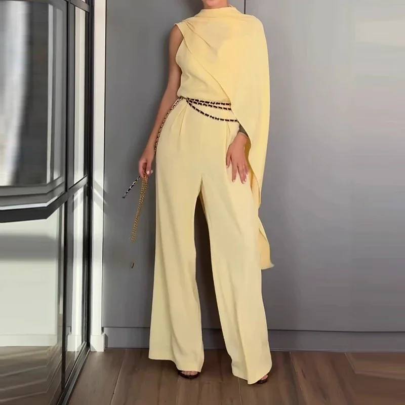 

Sexy V-neck Lace-Up Backless Long Playsuit Elegant Sleeveless Pair with Cape Jumpsuit Women's Fashion Draped Solid Loose Romper