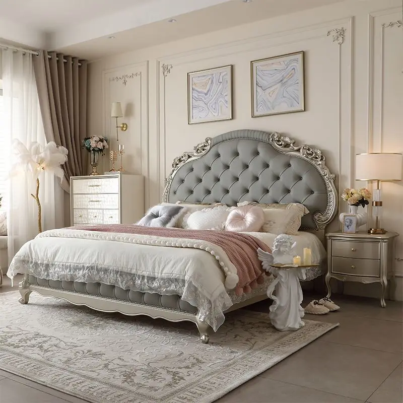 American solid wood bed modern simple double master bedroom French cream wind princess bed
