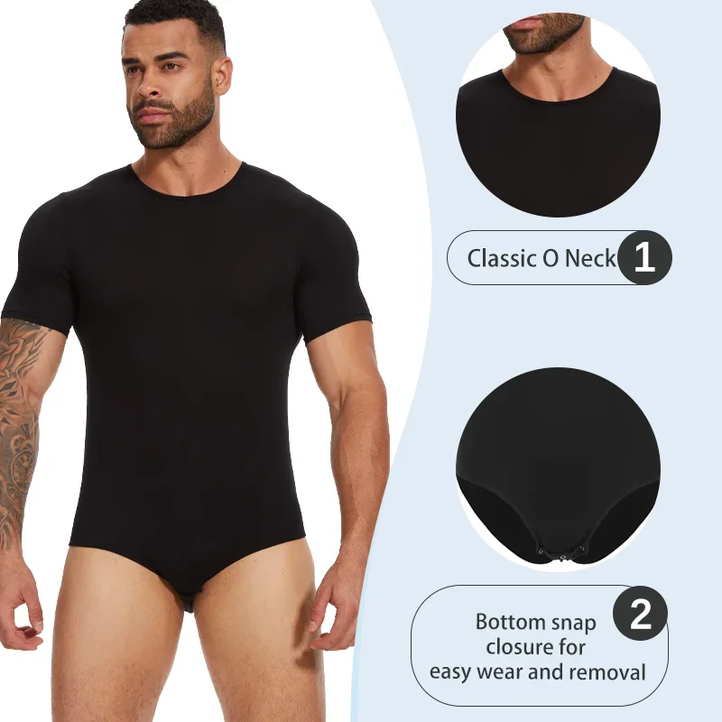 Ropa moldeadora de cuello redondo para hombre, Body de manga corta con botón de presión, ropa interior en la entrepierna, mono con Control de