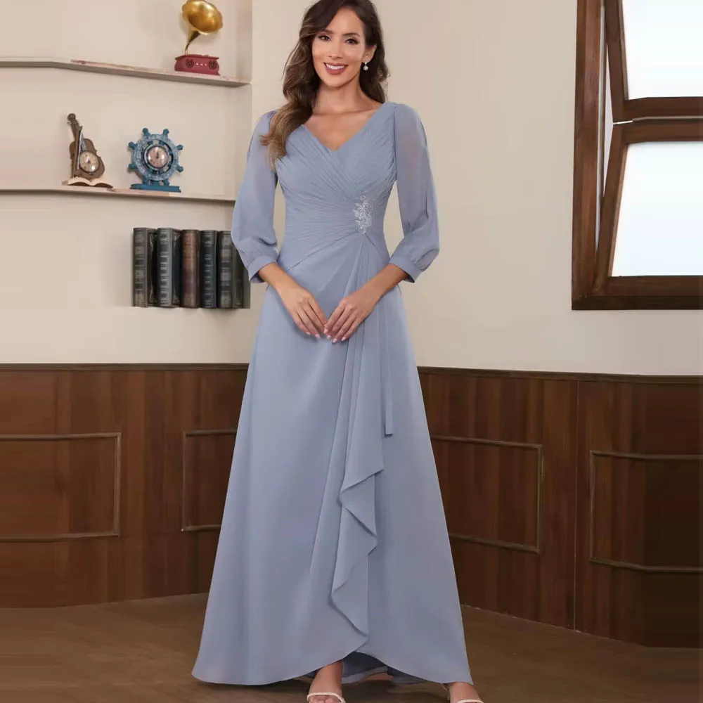 

Customized Long Ruched Chiffon Mother of The Bride Dresses for Wedding 3/4 Sleeve Evening Formal Gown Wedding Party Dresses
