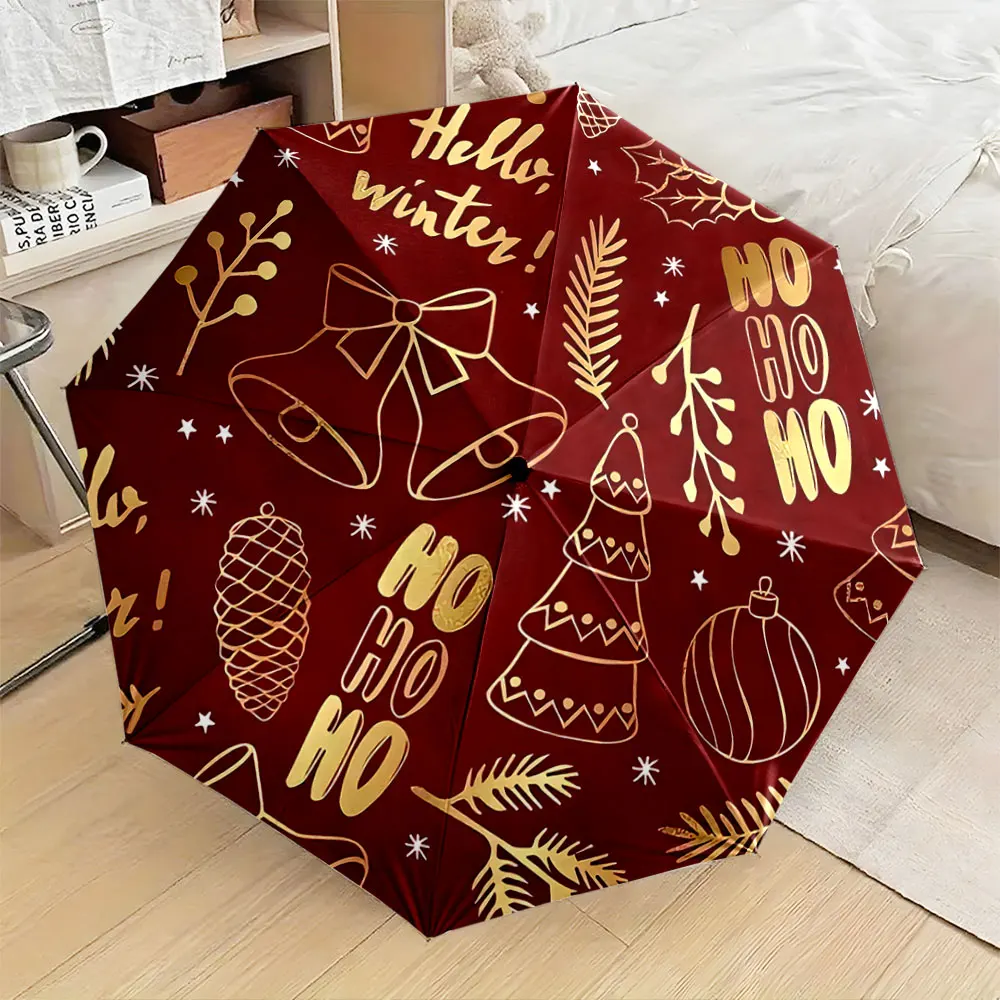 Festive Red Umbrella with Gold Winter Designs Compact Fashion Folding Umbrella for Daily Use, Christmas Gift