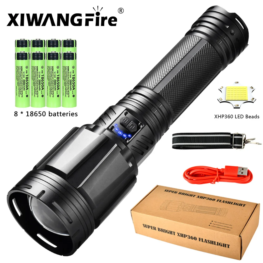 

Ultra Bright Flashlight XHP360 LED Zoomable Spotlight Long Range Emergency Torch USB C Rechargeable Detachable 18650 Battery