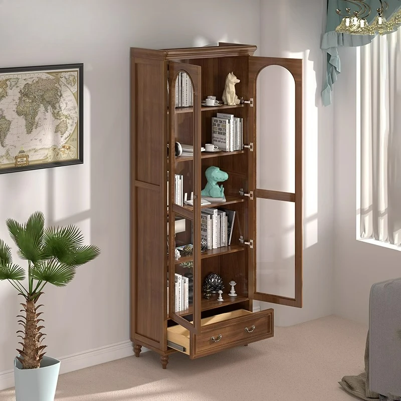 

Pure solid wood 60-80cm1-1.5 meters small apartment dust-proof custom retro American light luxury French medieval bookcase