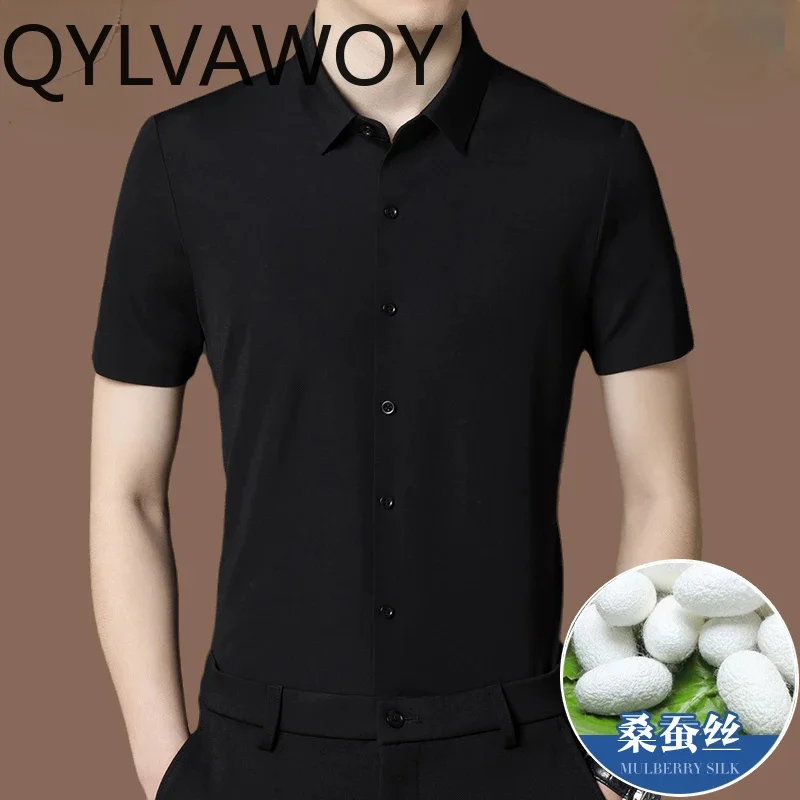 QYLVAWOY 100% Mulberry Silk Mens Shirt Summer Clothes 2025 Business Casual Tops Short Sleeved Shirts for Camisa Hombre