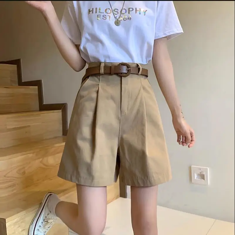 Workwear Shorts for Women High Waist Summer Wide-leg Shorts Belt Khaki Casual Cotton Korean Fashion Solid Pocket Womens Shorts