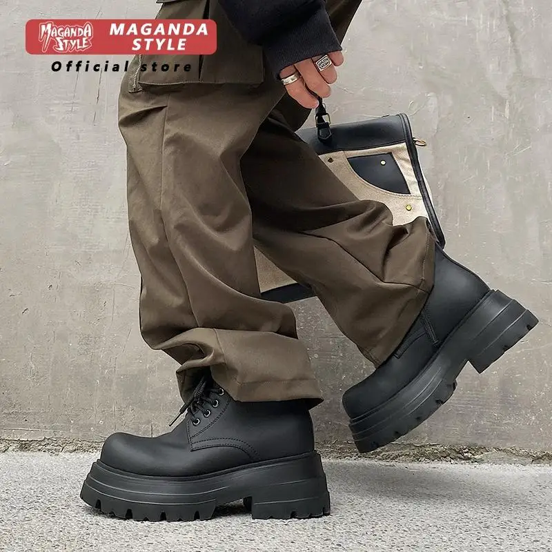10CM invisible height increasing short leather boots men's high top lace up thick bottom workwear big head black leather shoes