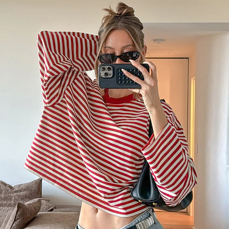 

Tornova Fashion Striped Loose T shirt Long Sleeve Woman Contrast Color Casual Top 2025 New Autumn Ins Hot O neck Female T shirt