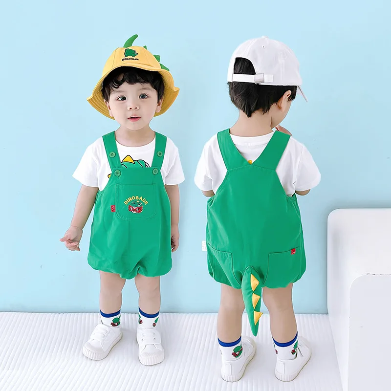 Summer New 0-3 Year Baby Clothes Infant Toddler Baby Overall Pants T-shirt Cartoon Dinosaur Fashion Set 3D Tail Outwear Romper