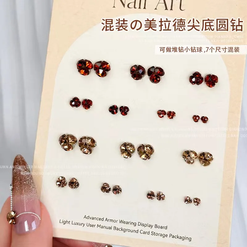 1Box Winter Maillard Mix Size Pile Drill Tip Bottom Small Round Bottom Rhinestone 3D Nail Charm DIY Decoration Accessories