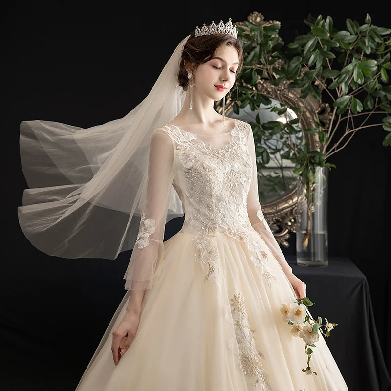 New Wedding Dress Summer Temperament Bride Mori Style off-Shoulder Long Sleeve Super Fairy Dream Simple Light