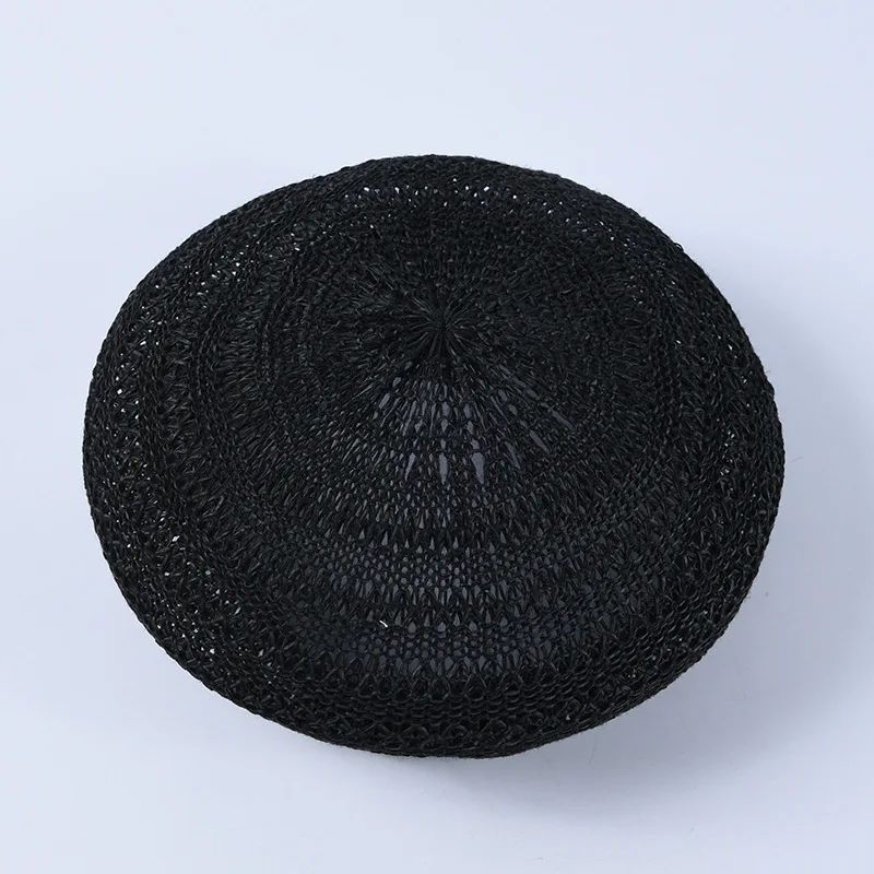 Stiff linen blended breathable knitted berets caps for women Hollow woven lady painter cap temperament mushroom cap summer hats