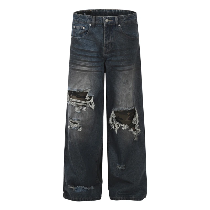 

Новые модные джинсовые брюки Mem's с дырками, дизайн весны и осени, камуфляжные лоскутные свободные мужские прямые джинсы для стирки