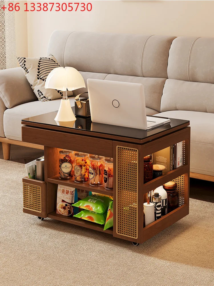 

Solid wood movable side bus lift coffee table household living room