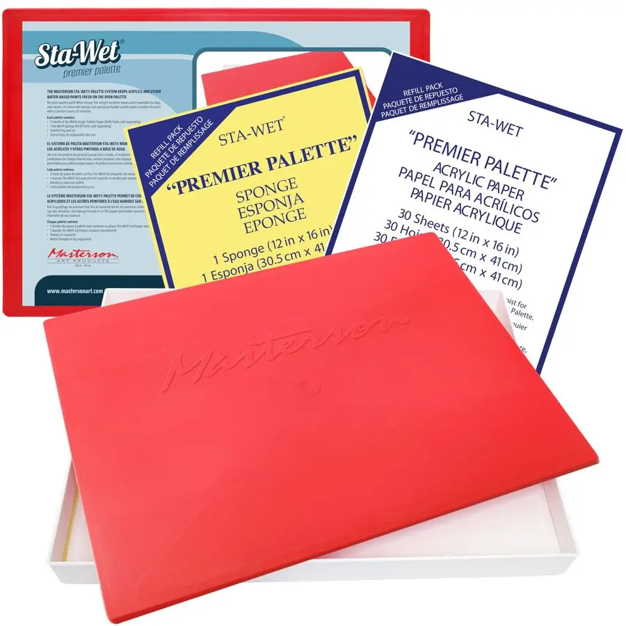 

Комплект палитры StaWet Premier Palette, герметичная палитра для влажной живописи размером 12 x 16 дюймов, с 30 листовми для заправки акриловой бумаги и 1 губкой