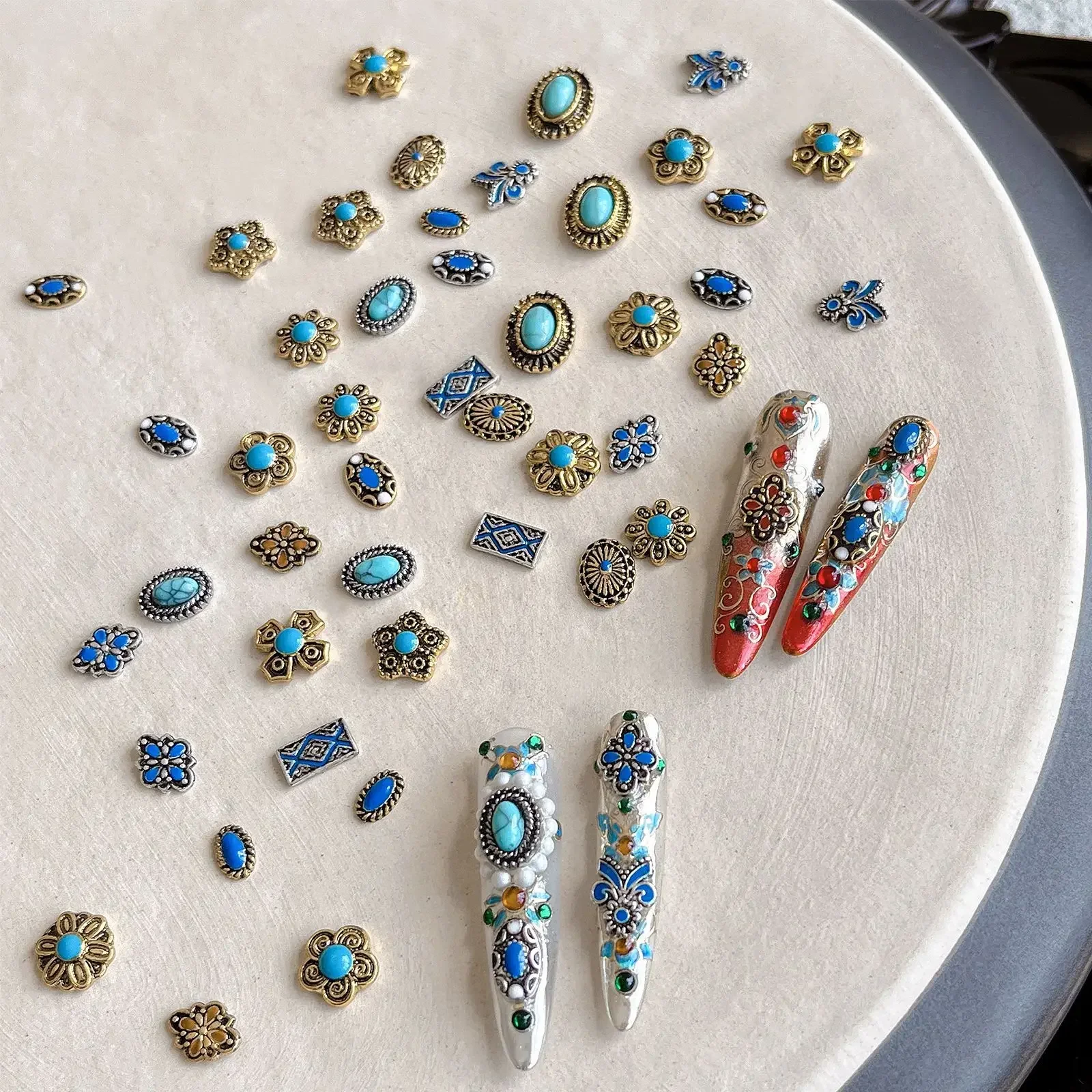 

Retro Turquoise Chinese Jewelry Flower Nail Art Accessories Ancient Crystal Flower Pearl Zircon Jade Ethnic Decorations Manicure