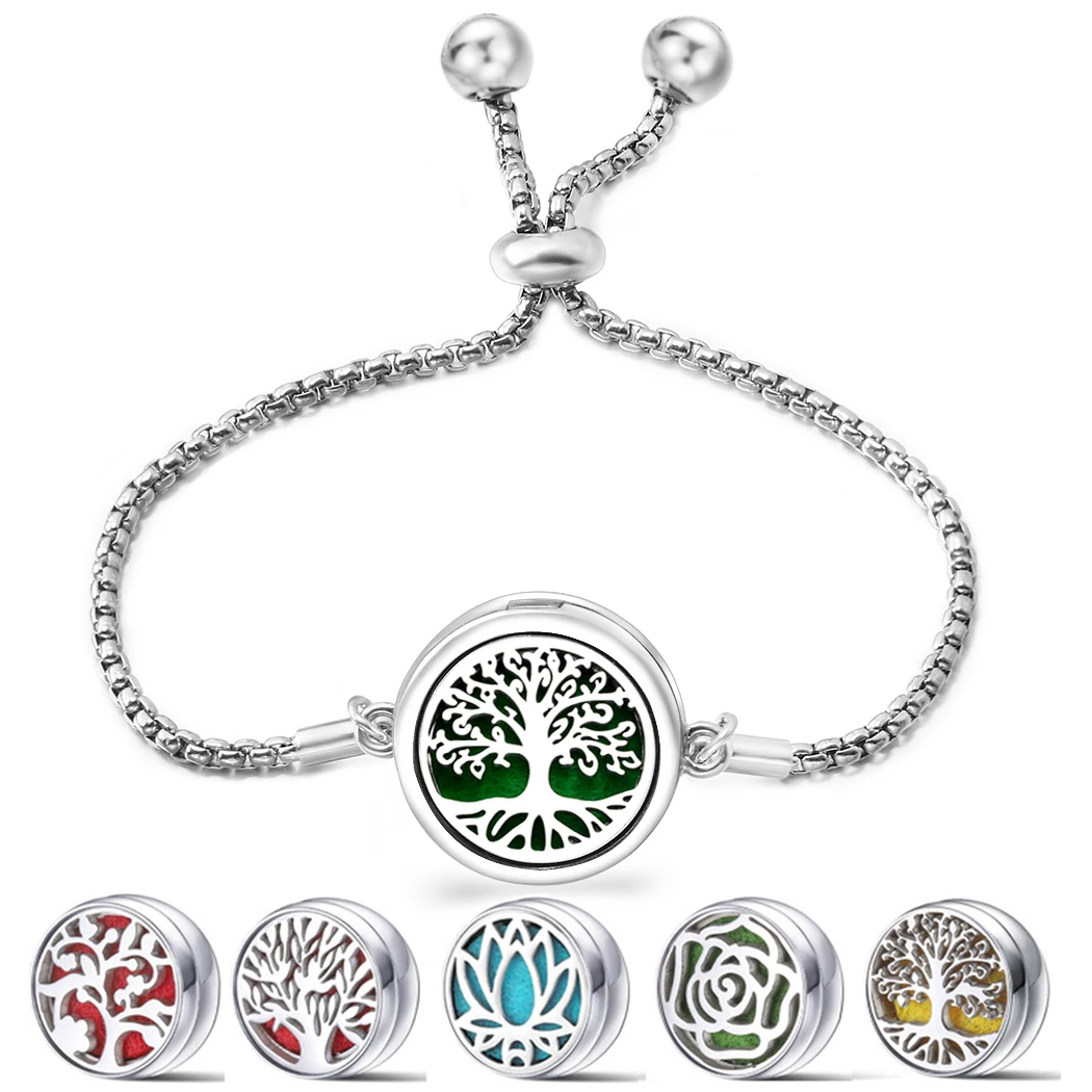 Tree Of Life Aromatherapy Bracelet Essential Oil Diffuser Perfume Locket Stainless Steel Adjustable Women Charm Bracelet Jewelry