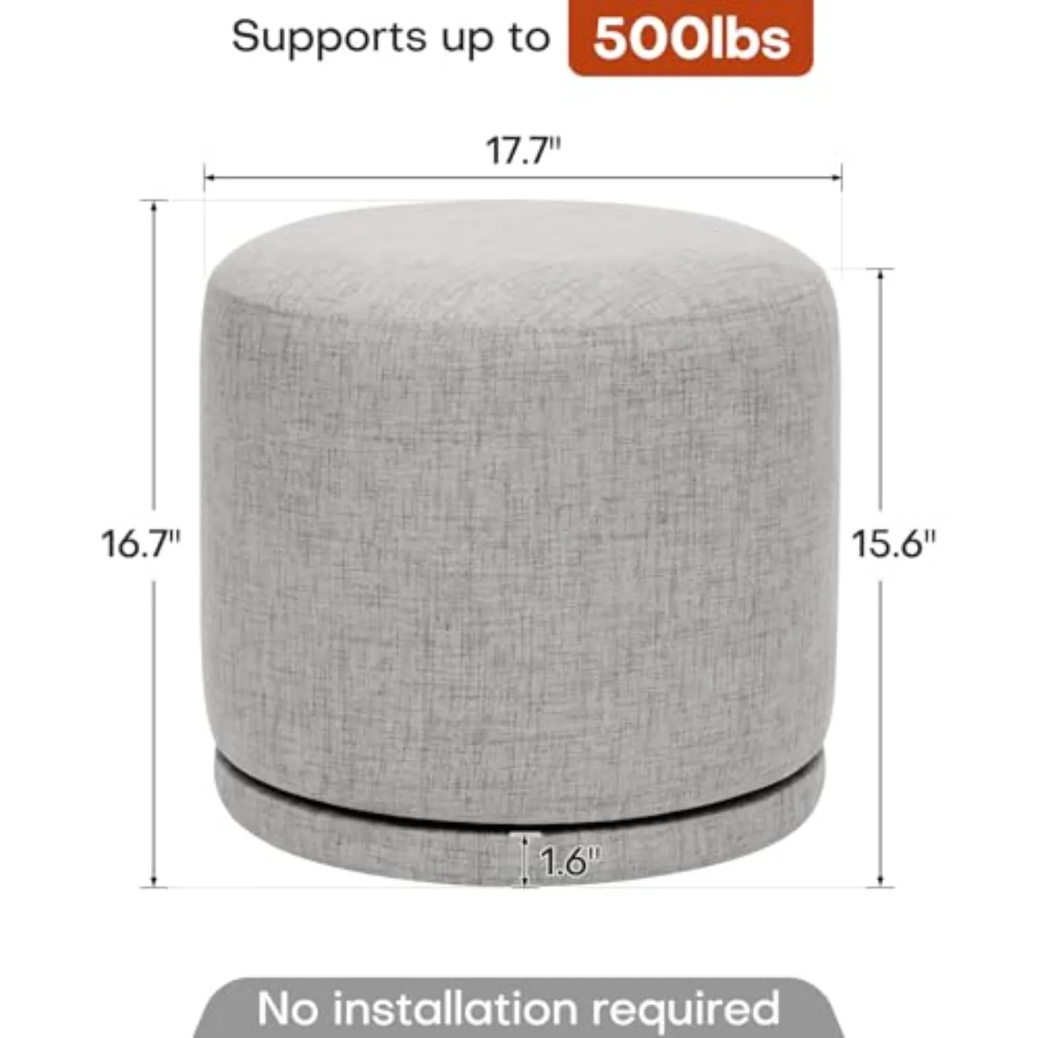 Swivel Round Ottoman, Linen Upholstered with Acacia Wood Frame, Light Gray | 500 lbs Footrest, No Assembly, Extra